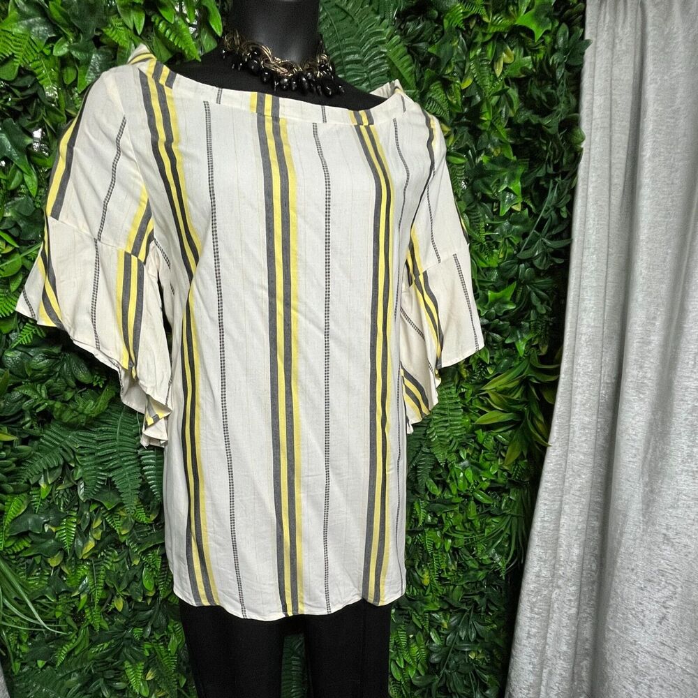 Women Tops 2X Beige Blouse Striped Print Ruffle Sleeve Verxy 1507 - Picture 9 of 9